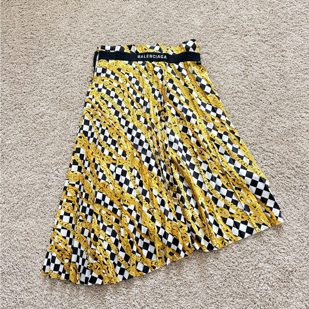 Balenciaga A-Line Skirt in Yellow and Black Checkered Pattern